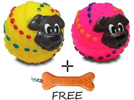 Goofy Tails Squeaky Ball With Puppy Face In Assorted Color (Pack of 2) With Key Chain on Sale